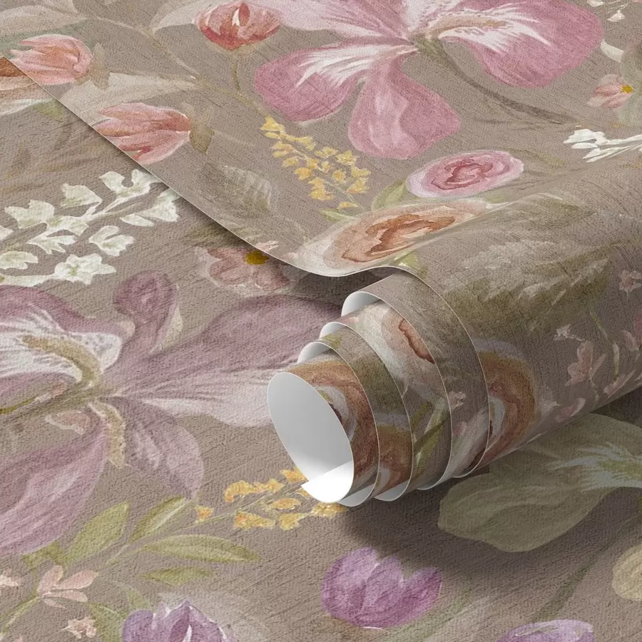 carta da parati Motivo floreale vintage di iris rosa su sfondo beige testurizzato nr. a00457