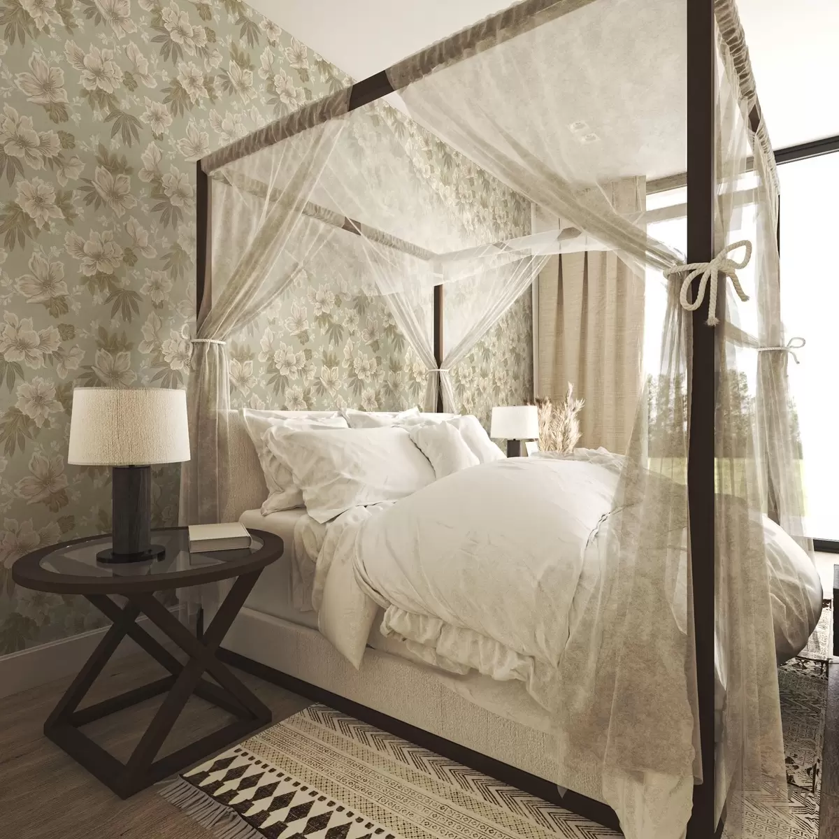 Carta da parati Fiori color crema su sfondo verde oliva a00462