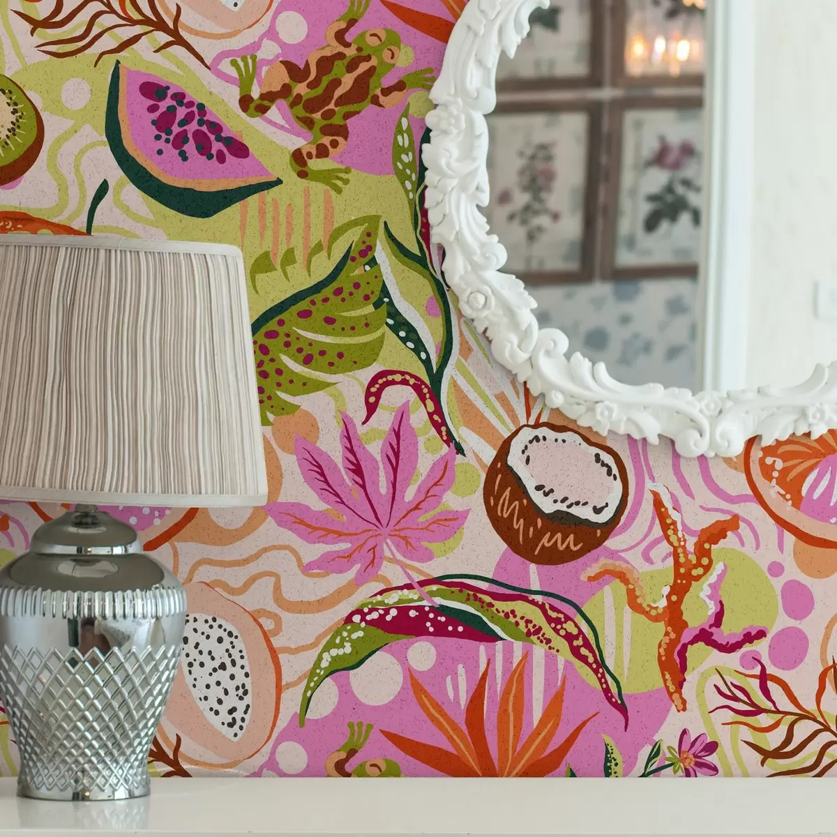 Carta da parati Frutti esotici, foglie e camaleonti in stile tropicale a00469