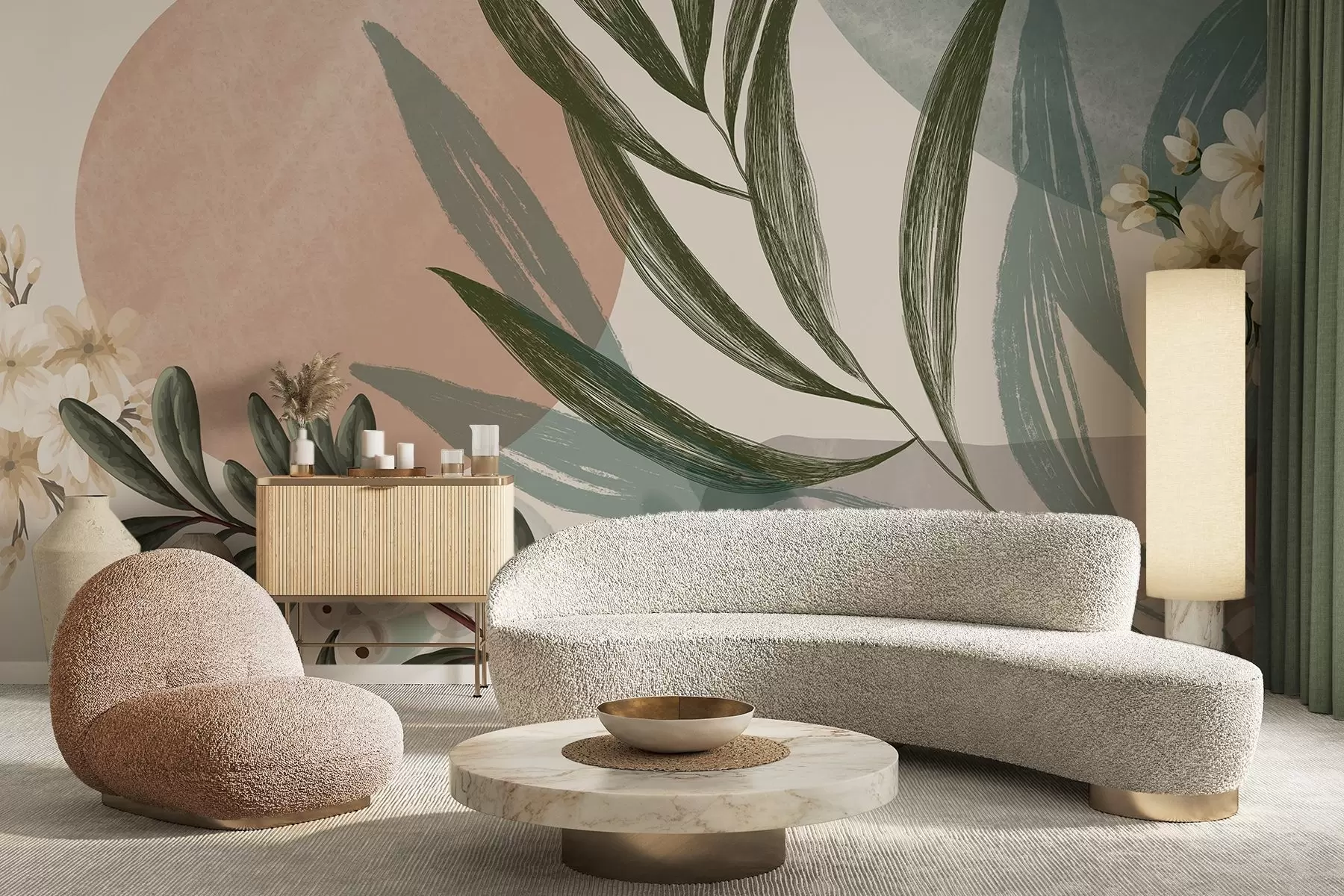 carta da parati Arte botanica astratta con foglie di palma verdi e bacche bianche, su uno sfondo di forme nei toni tenui della terra nr. w09312