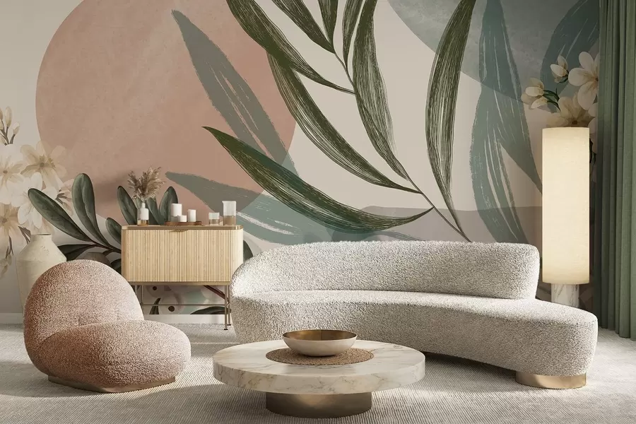 carta da parati Arte botanica astratta con foglie di palma verdi e bacche bianche, su uno sfondo di forme nei toni tenui della terra nr. w09312