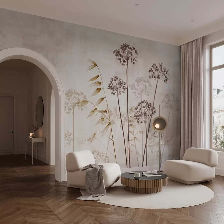 Carta da parati Floreale Disegno di fiori secchi con steli lunghi, tavolozza monocromatica, su sfondo beige chiaro e strutturato, illustrazione botanica n. w09314v1