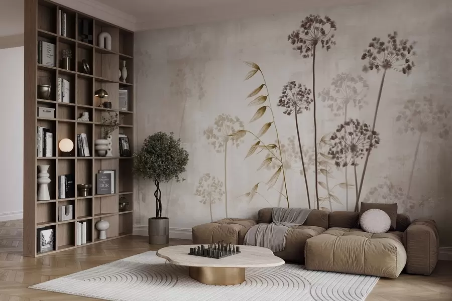 Carta da parati Floreale Disegno di fiori secchi con steli lunghi, tavolozza monocromatica, su sfondo beige chiaro e strutturato, illustrazione botanica n. w09314v1