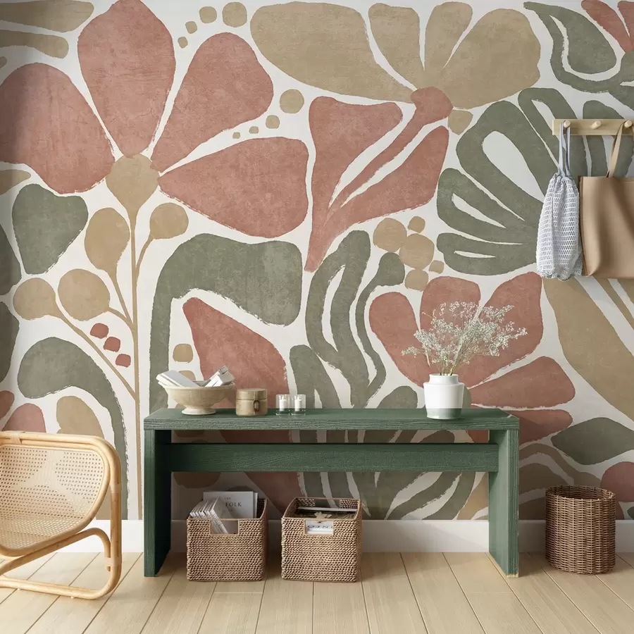 Carta da parati Floreale Fiori astratti nei toni del rosso, del verde e del beige, con uno sfondo chiaro, in un design piatto e stilizzato, moderno e minimalista n. w09315