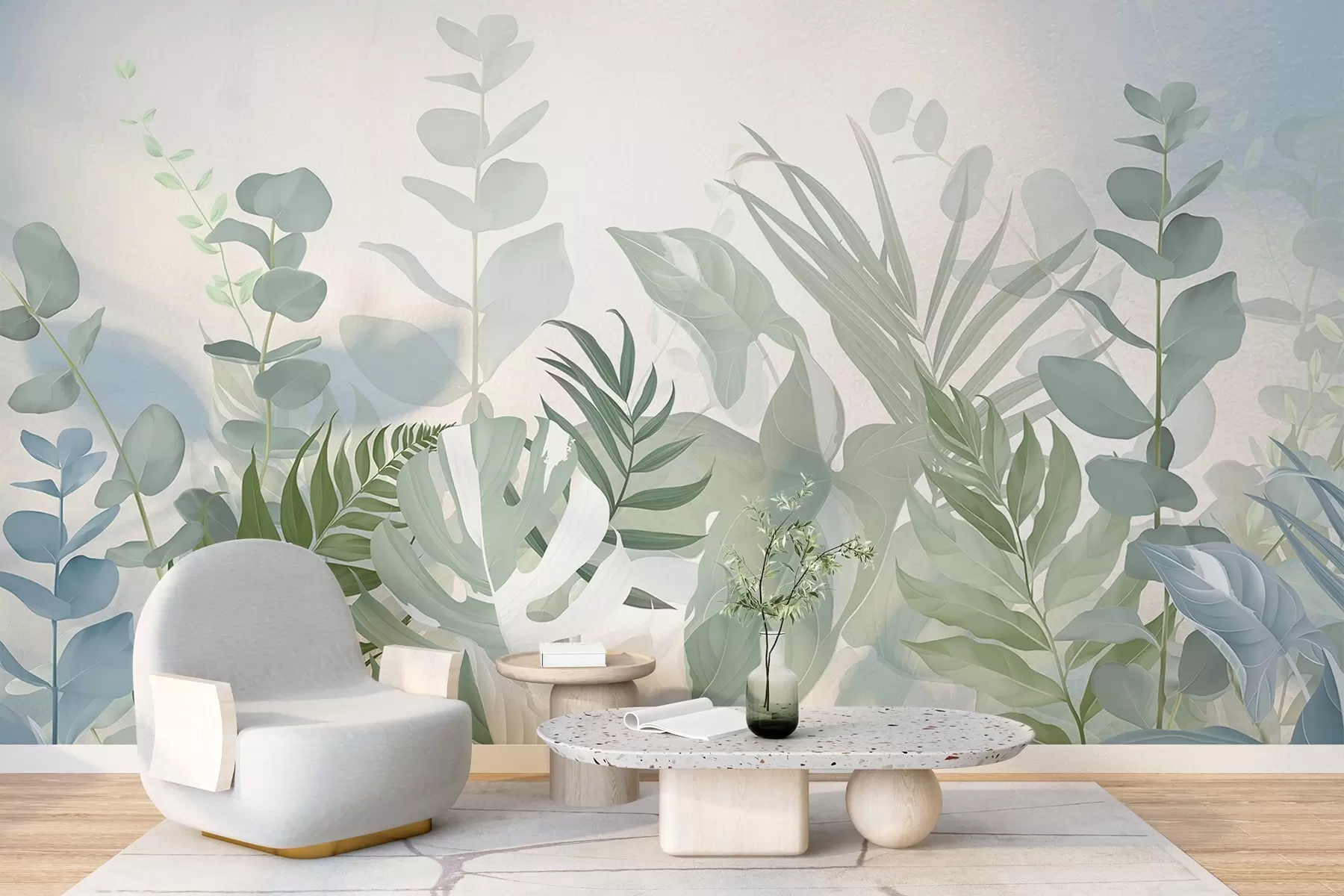 Carta da parati nature Piante verdi pastello, felci, monstera ed eucalipto, sfondo leggero e strutturato, illuminazione soffusa, tranquillità, illustrazione botanica 