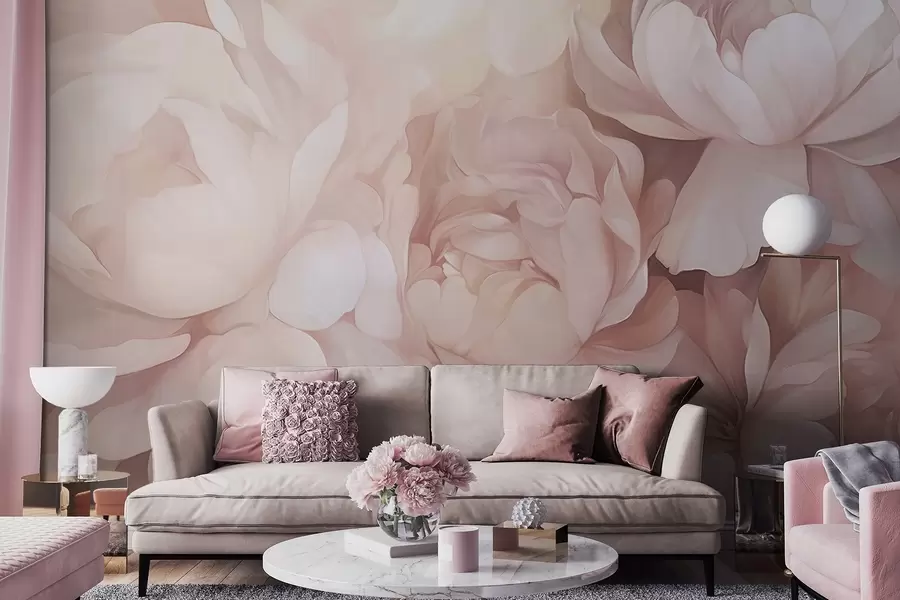 Carta da parati Floreale Peonie rosa pastello chiaro con petali delicati e morbidi, disposti a stretto contatto l'uno con l'altro, creando un'arte floreale densa, illuminazione soffusa n. w09319