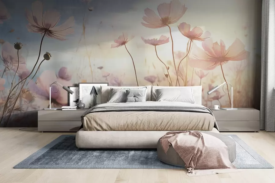 Carta da parati nature Un campo di fiori rosa con steli lunghi, su un cielo morbido blu e giallo, che crea un'atmosfera da sogno 