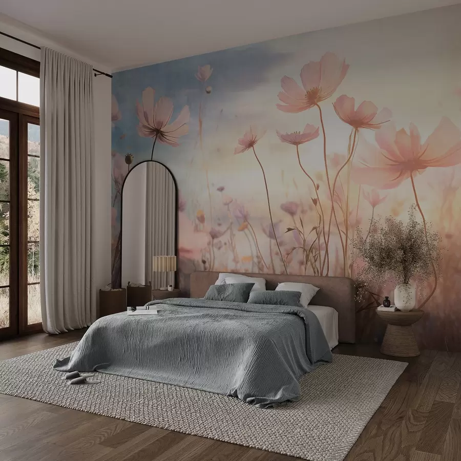 Carta da parati nature Un campo di fiori rosa con steli lunghi, su un cielo morbido blu e giallo, che crea un'atmosfera da sogno 