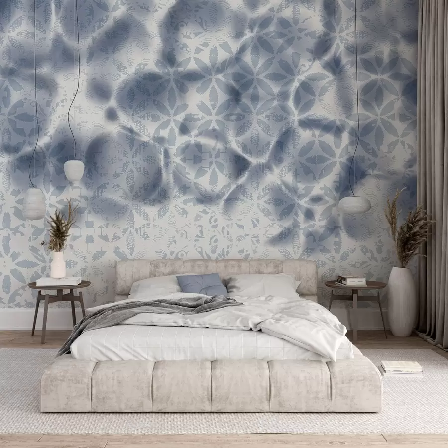 carta da parati Arte astratta con stampa floreale blu, effetto sbiadito e sfocato, che crea un'atmosfera morbida e sognante nr. w09322