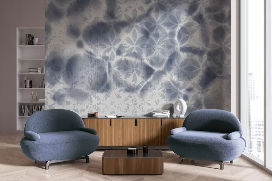 carta da parati Arte astratta con stampa floreale blu, effetto sbiadito e sfocato, che crea un'atmosfera morbida e sognante nr. w09322