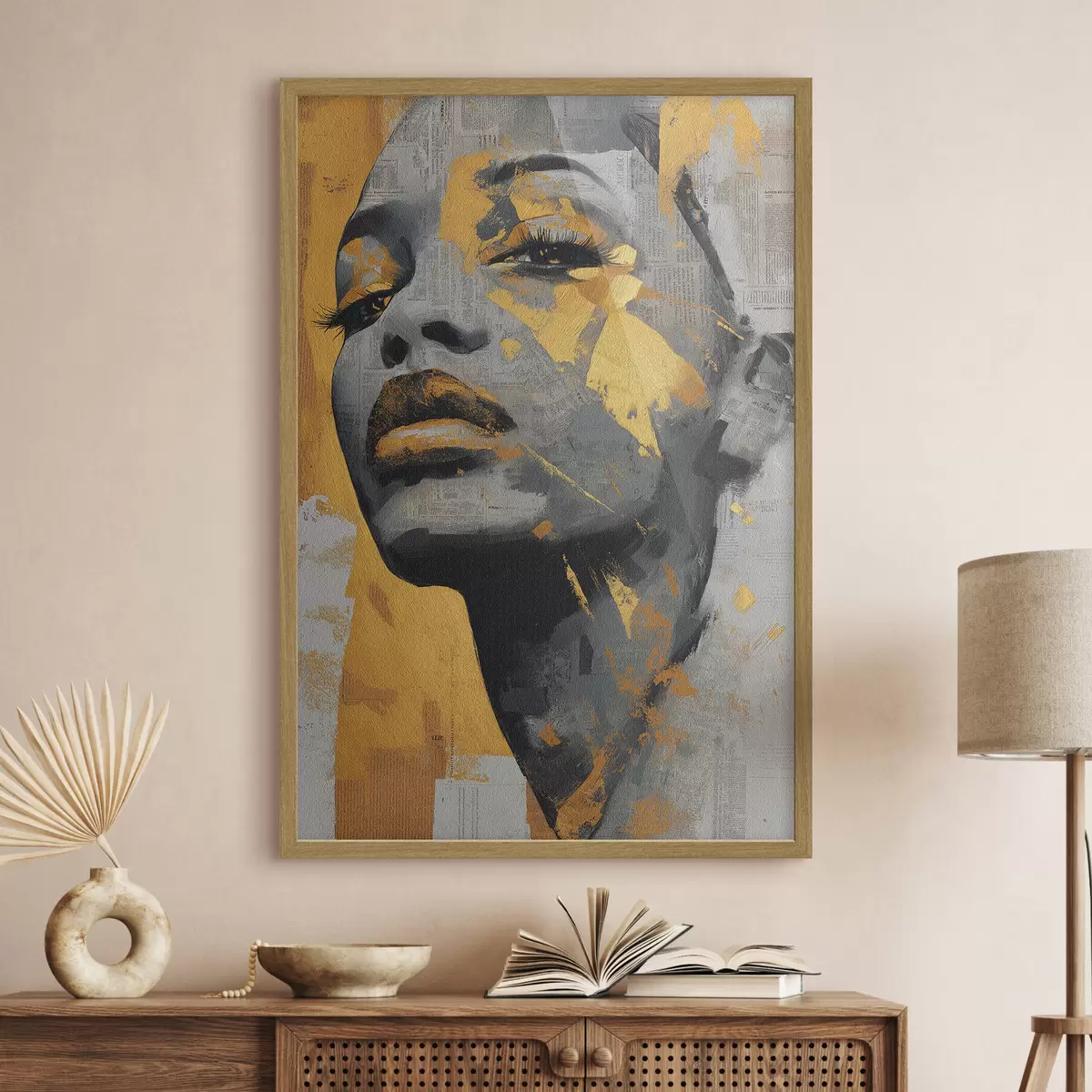 Poster Ritratto a tecnica mista con frammenti di giornale e pennellate decorative f45419