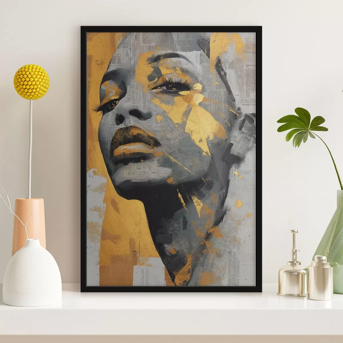 Poster Ritratto a tecnica mista con frammenti di giornale e pennellate decorative f45419