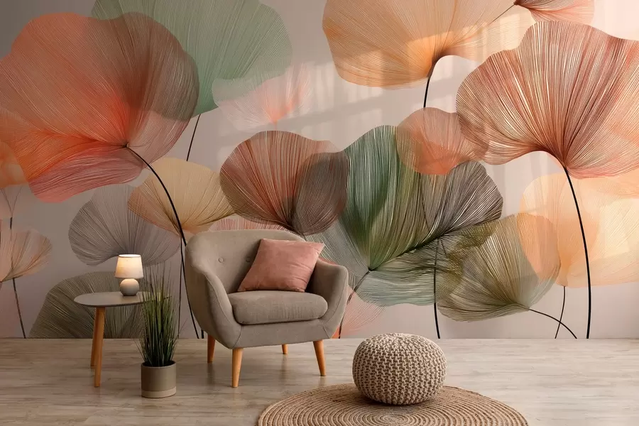 carta da parati foglie di ginkgo multicolori con venature nr. w04305