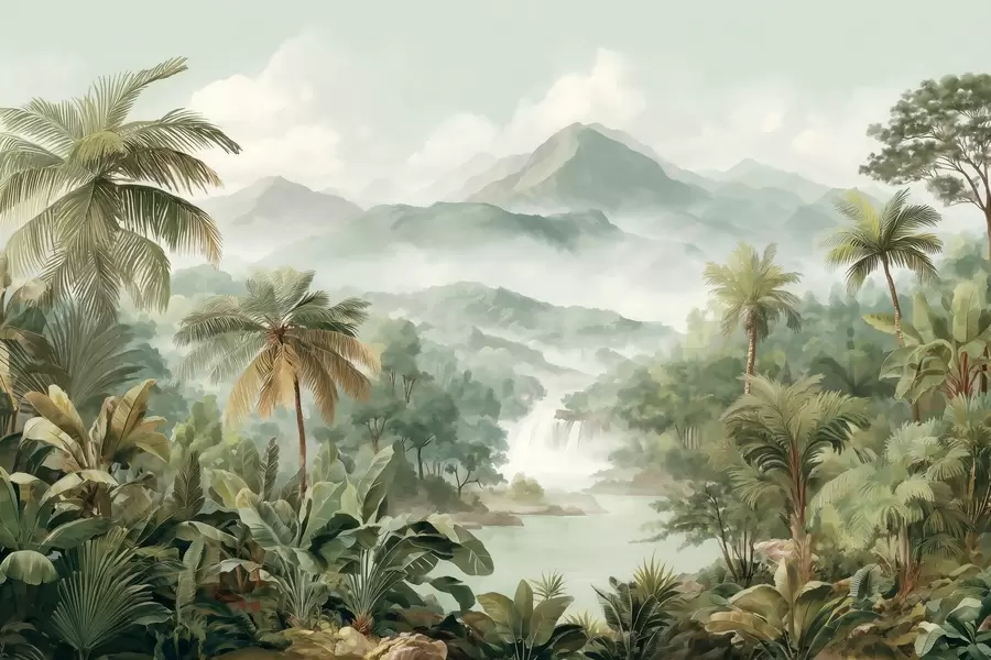 Carta da parati nature giungla tropicale con cascata 