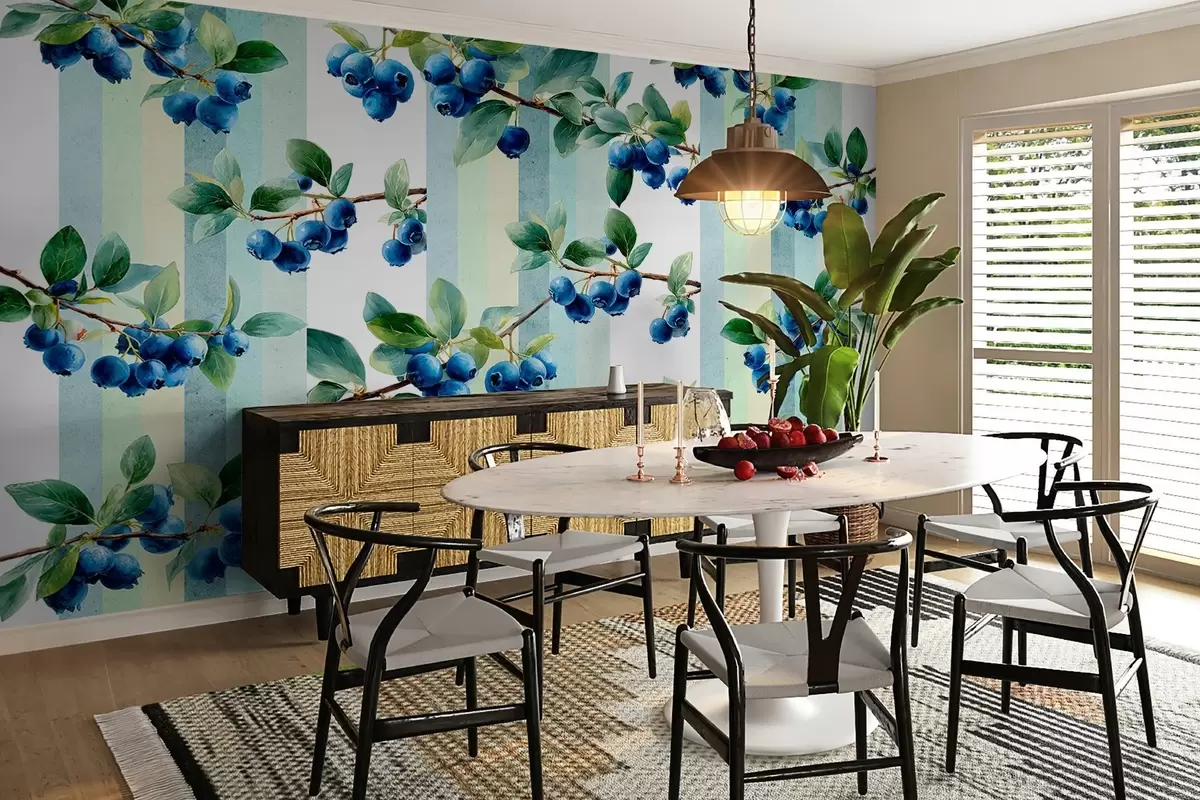 carta da parati grappoli di mirtilli su sfondo a righe nr. w04307