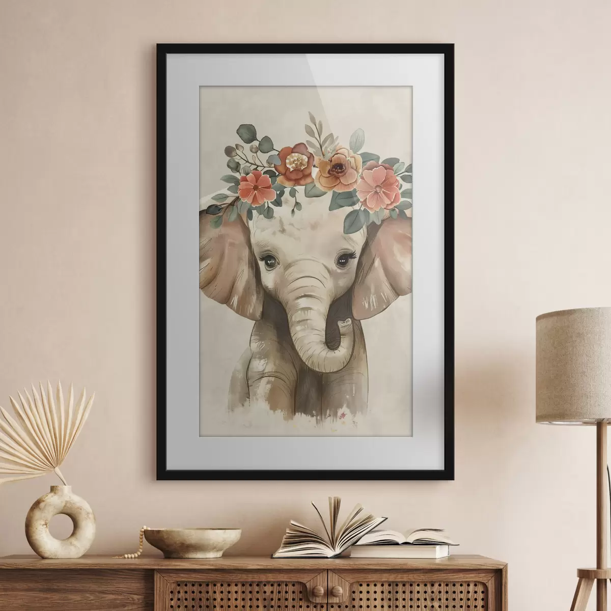 Poster Simpatico elefante acquerellato con fiori f45330