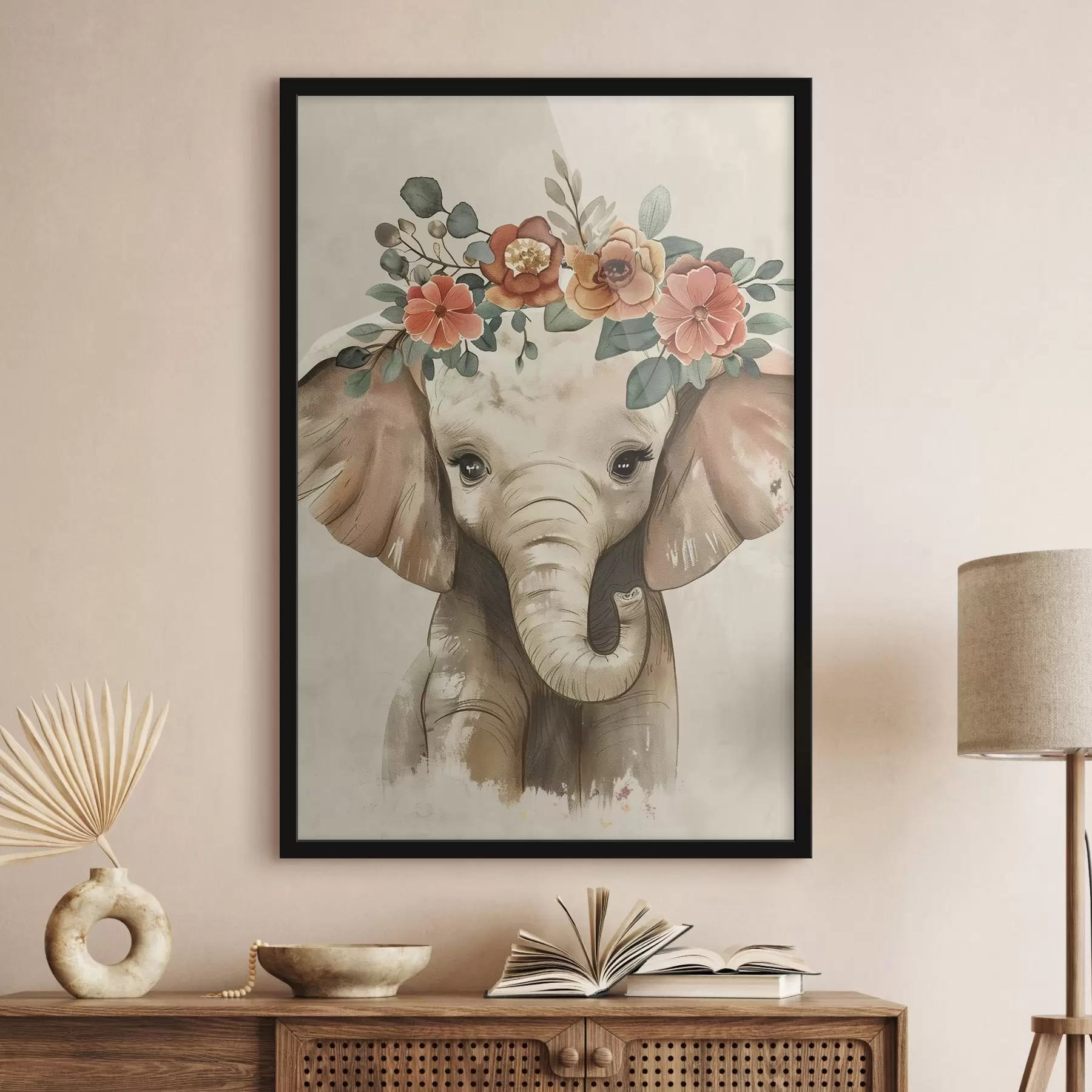 carta da parati Simpatico elefante acquerellato con fiori nr. f45330