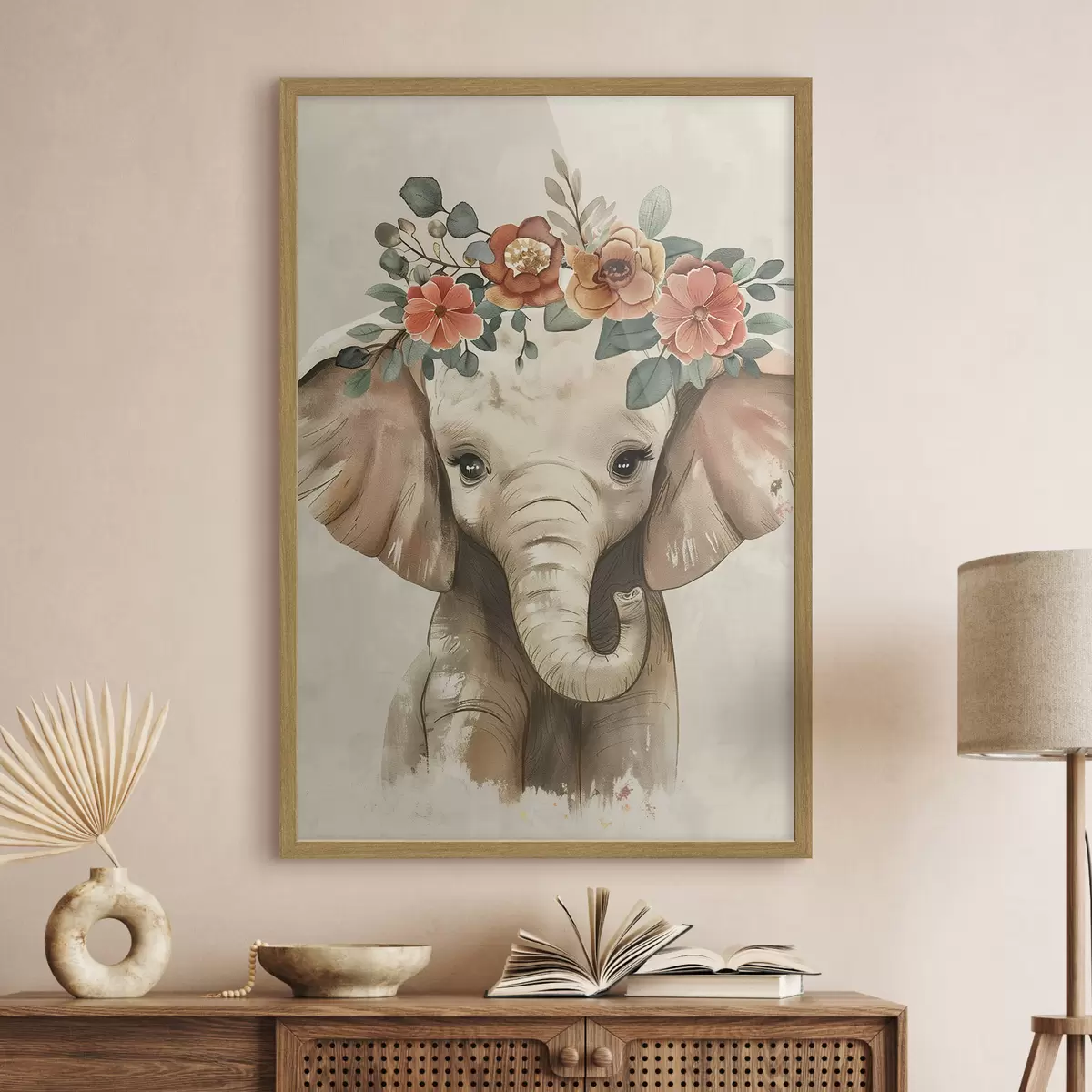 Poster Simpatico elefante acquerellato con fiori f45330