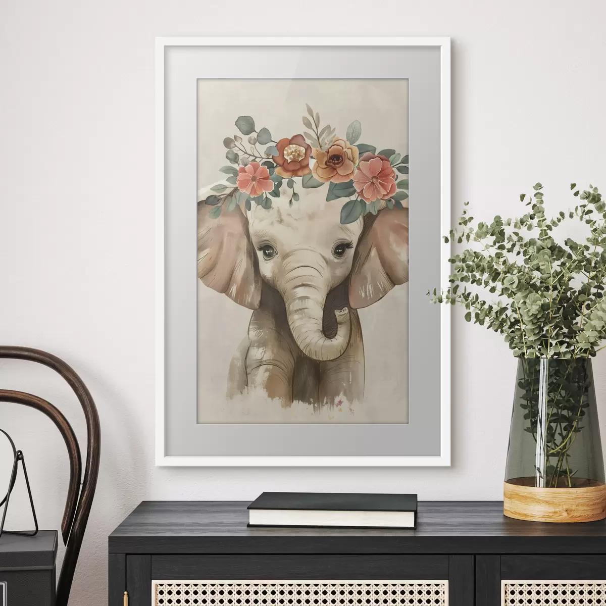 Poster Simpatico elefante acquerellato con fiori f45330