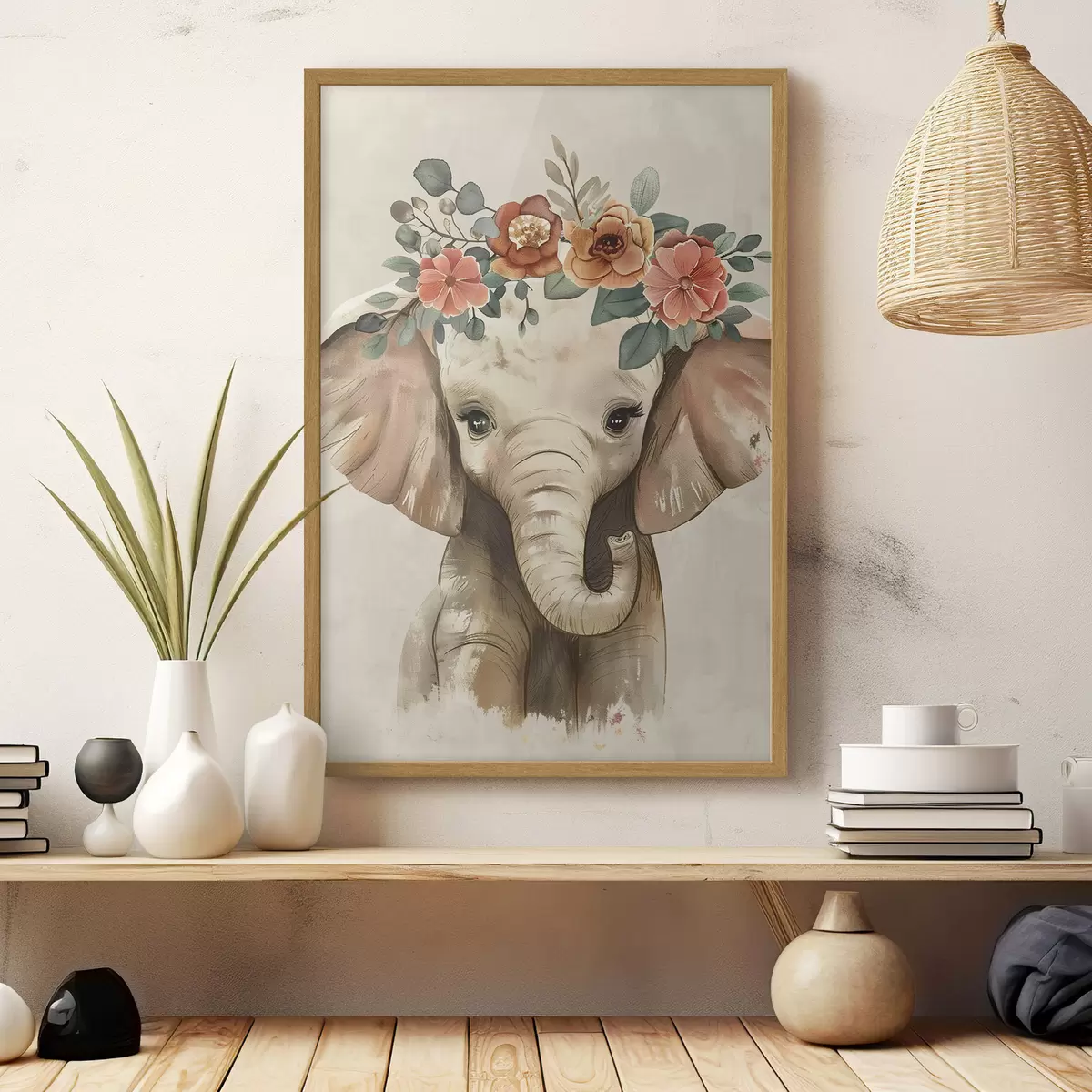 Poster Simpatico elefante acquerellato con fiori f45330