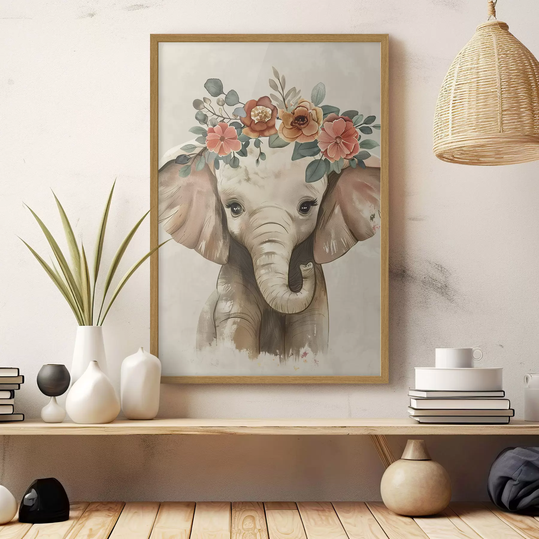 carta da parati Simpatico elefante acquerellato con fiori nr. f45330