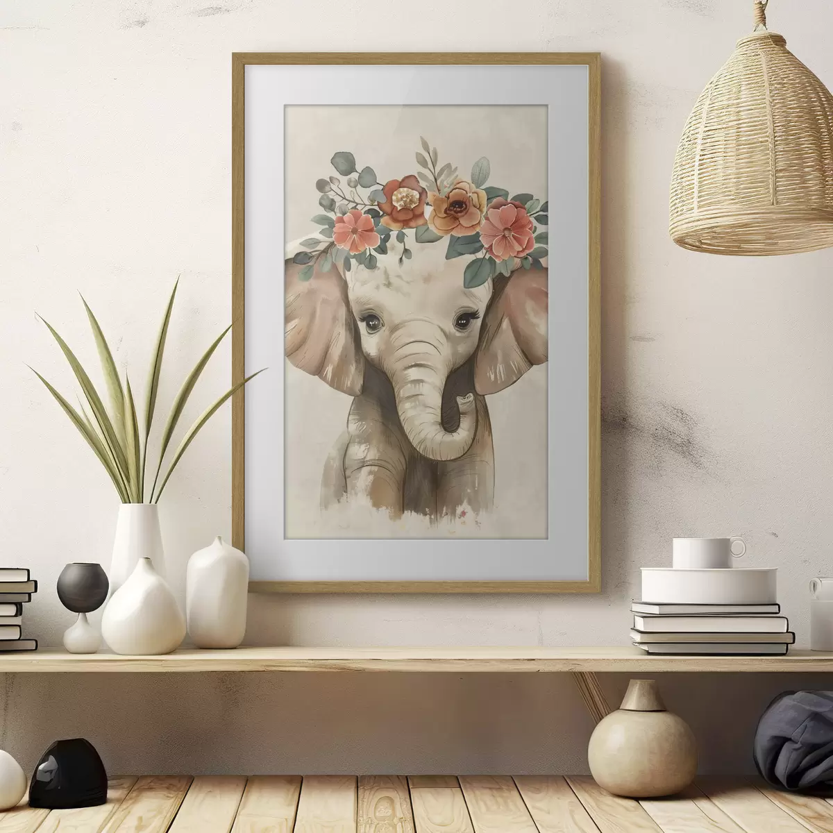 Poster Simpatico elefante acquerellato con fiori f45330