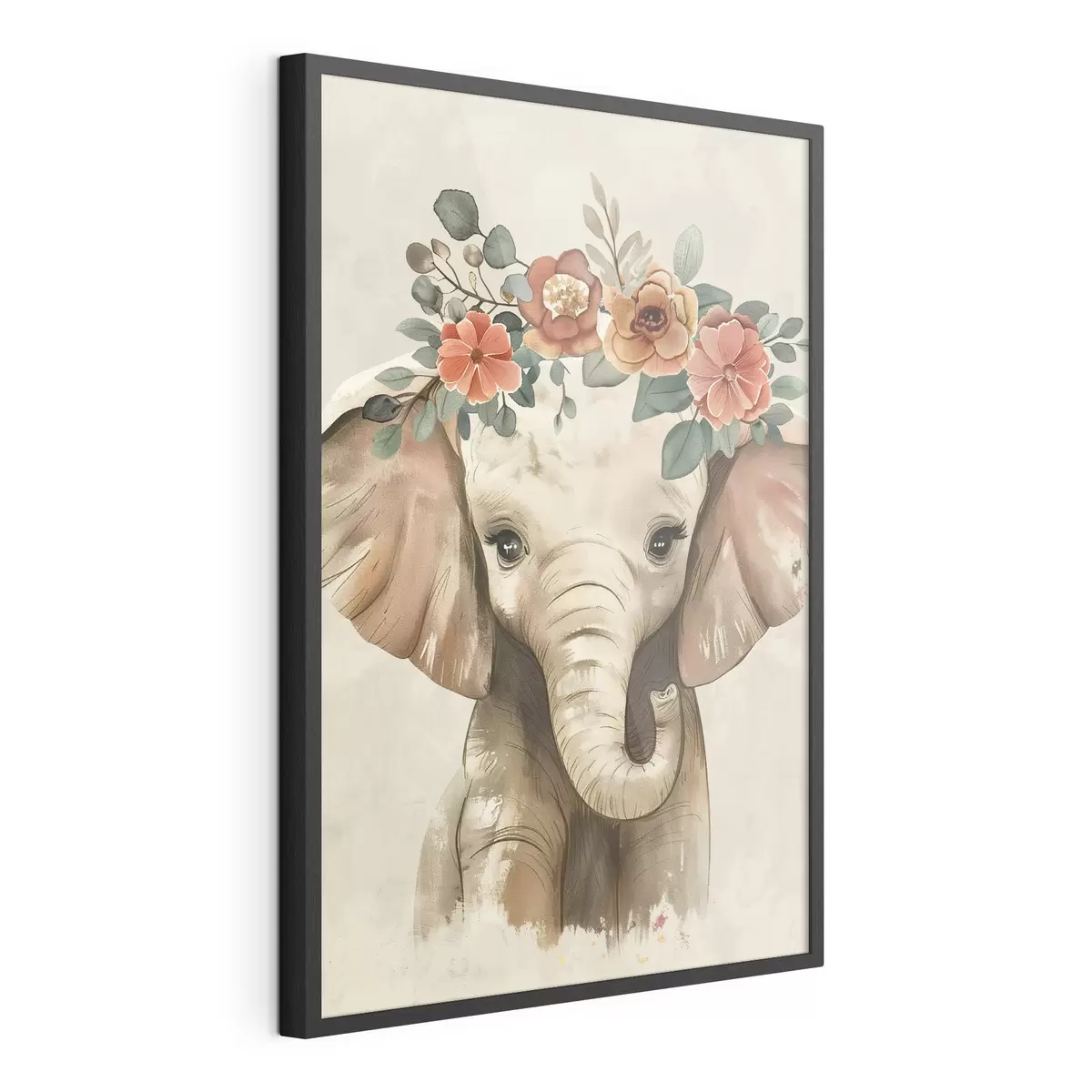 Poster Simpatico elefante acquerellato con fiori f45330