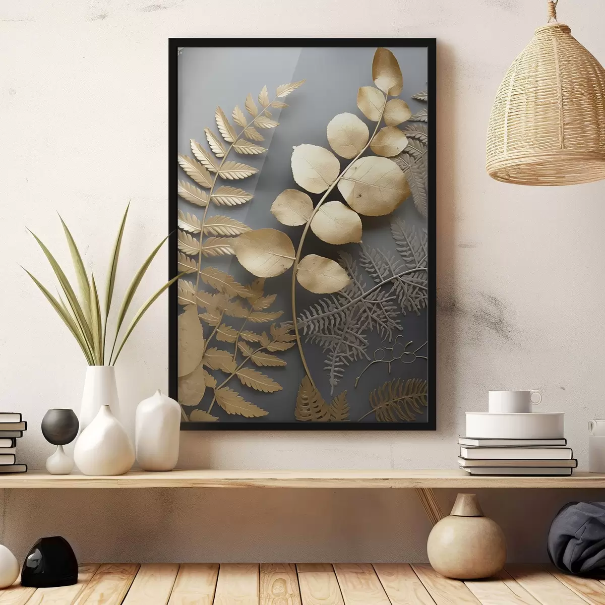 Poster Rami di felce ed eucalipto su sfondo scuro f45334