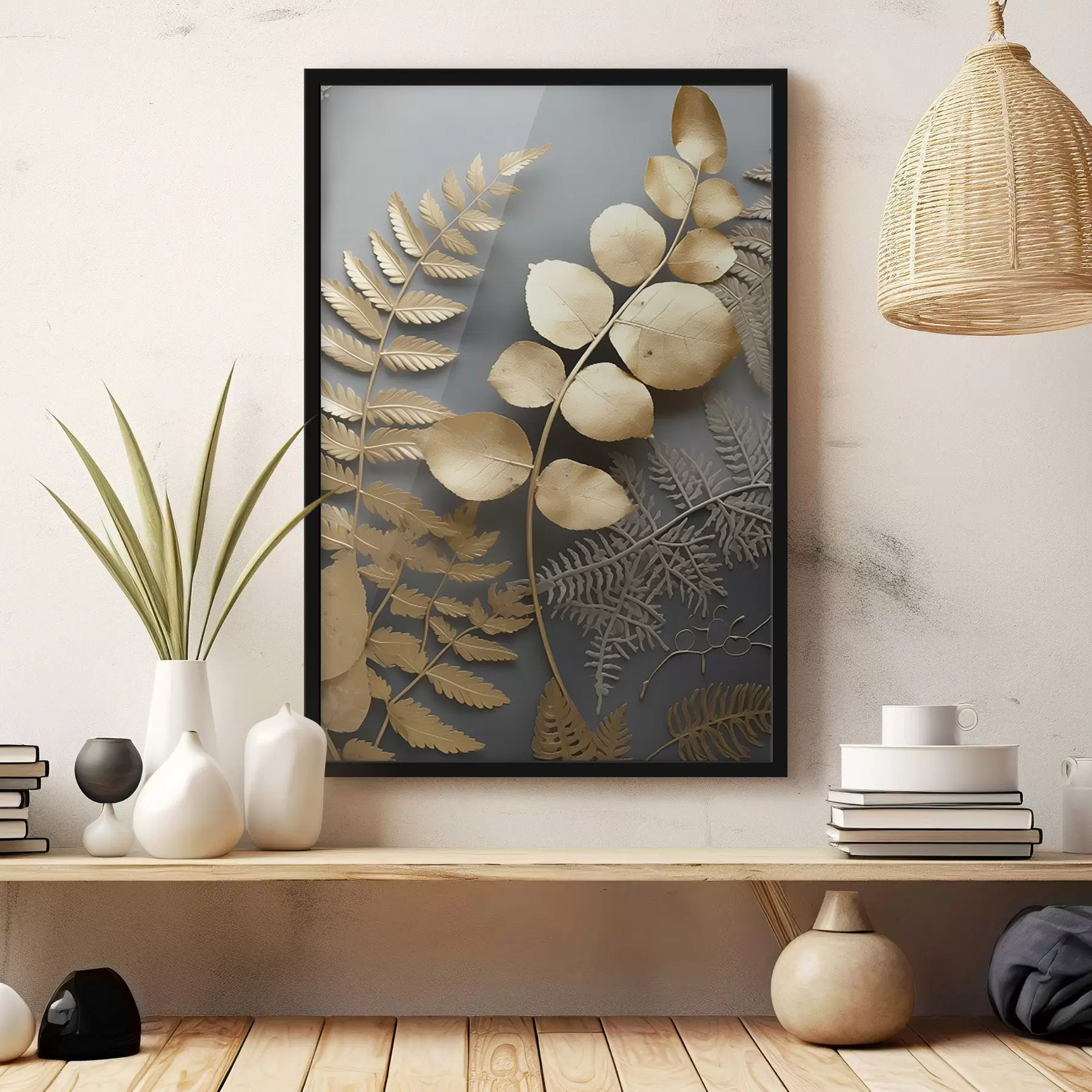 carta da parati Rami di felce ed eucalipto su sfondo scuro nr. f45334