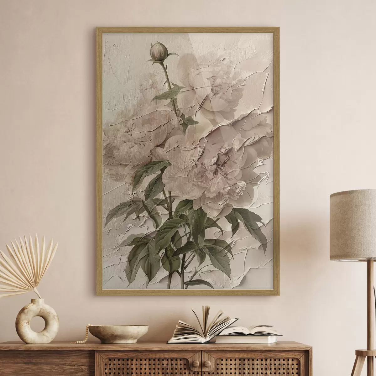Poster Un lussureggiante bouquet di peonie su uno sfondo chiaro f45337