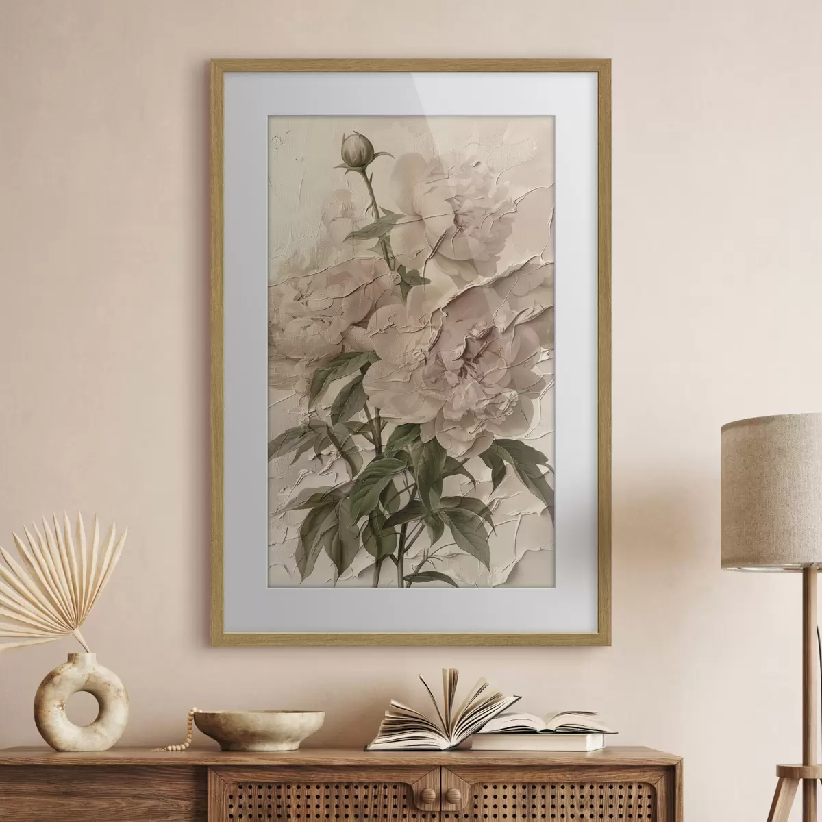 Poster Un lussureggiante bouquet di peonie su uno sfondo chiaro f45337