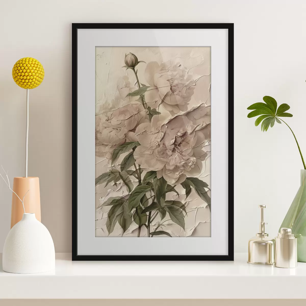 Poster Un lussureggiante bouquet di peonie su uno sfondo chiaro f45337