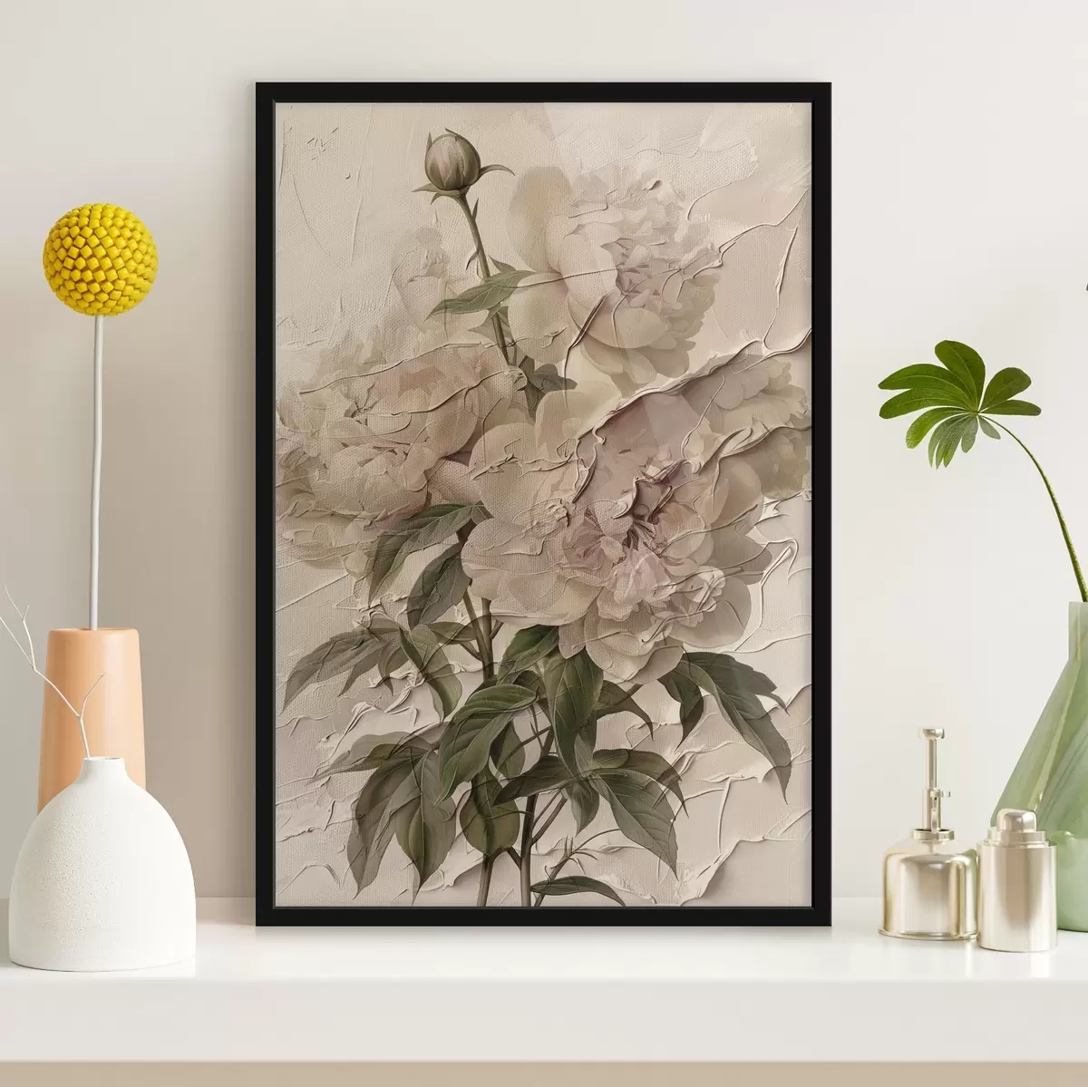 Poster Un lussureggiante bouquet di peonie su uno sfondo chiaro f45337