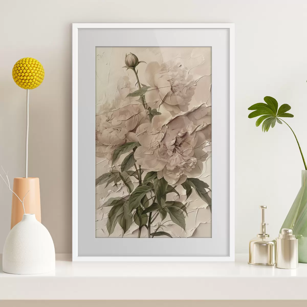 Poster Un lussureggiante bouquet di peonie su uno sfondo chiaro f45337