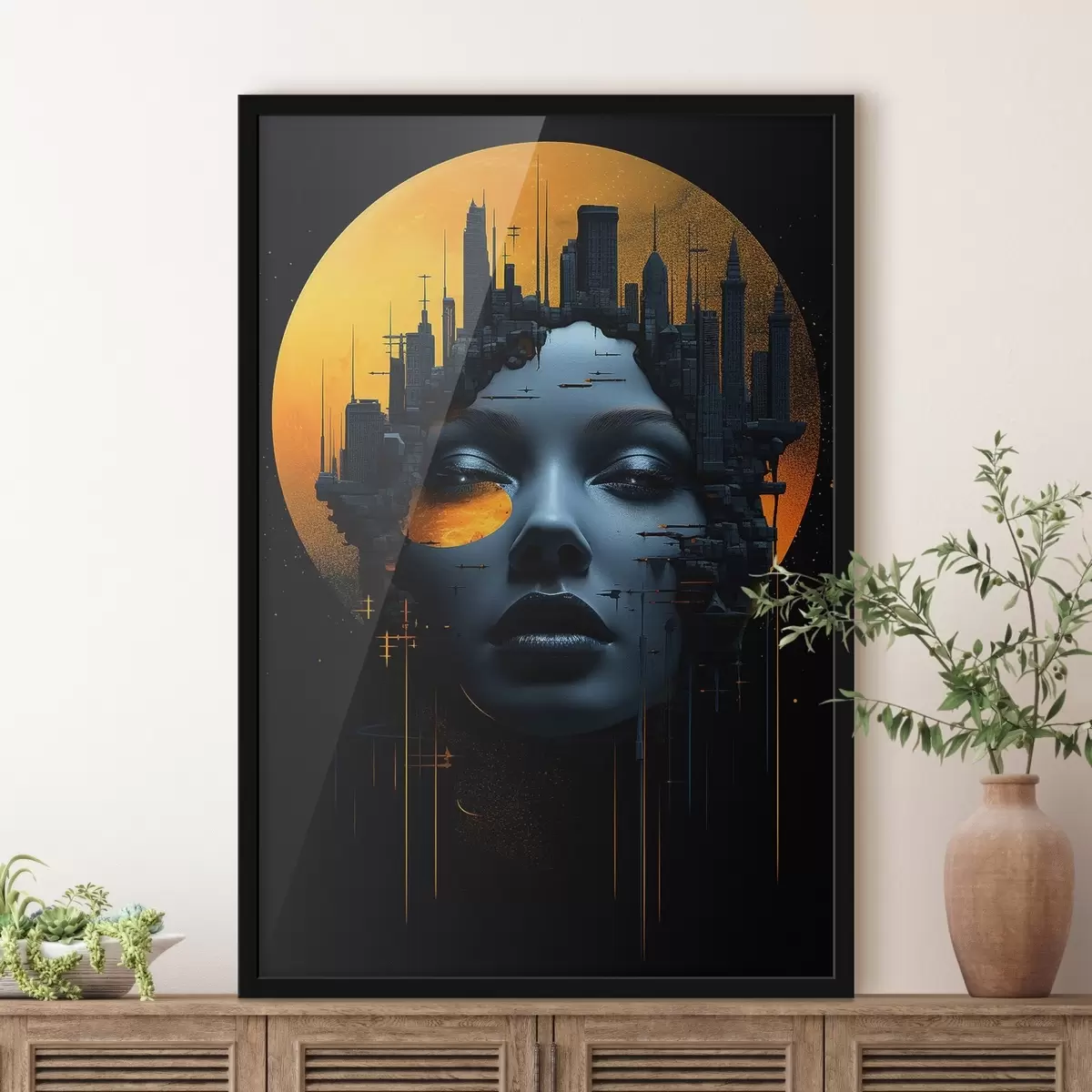 Poster Persone, volto di ragazza su sfondo cittadino, astratto f45341