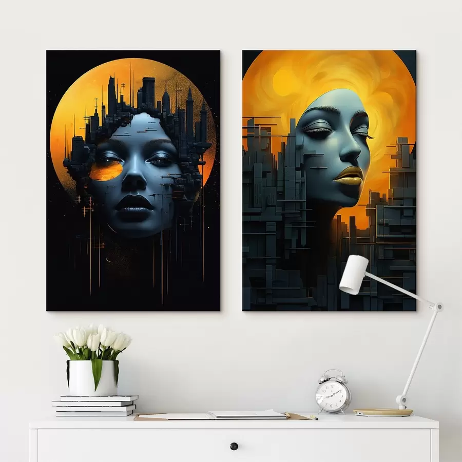 carta da parati Ritratto di una ragazza su uno sfondo astratto di città nr. m00618