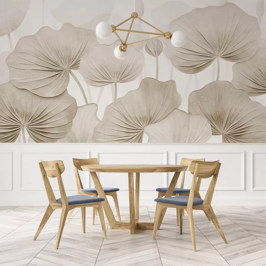 Carta da parati nature Foglie di loto con imitazione di una texture afflitta 