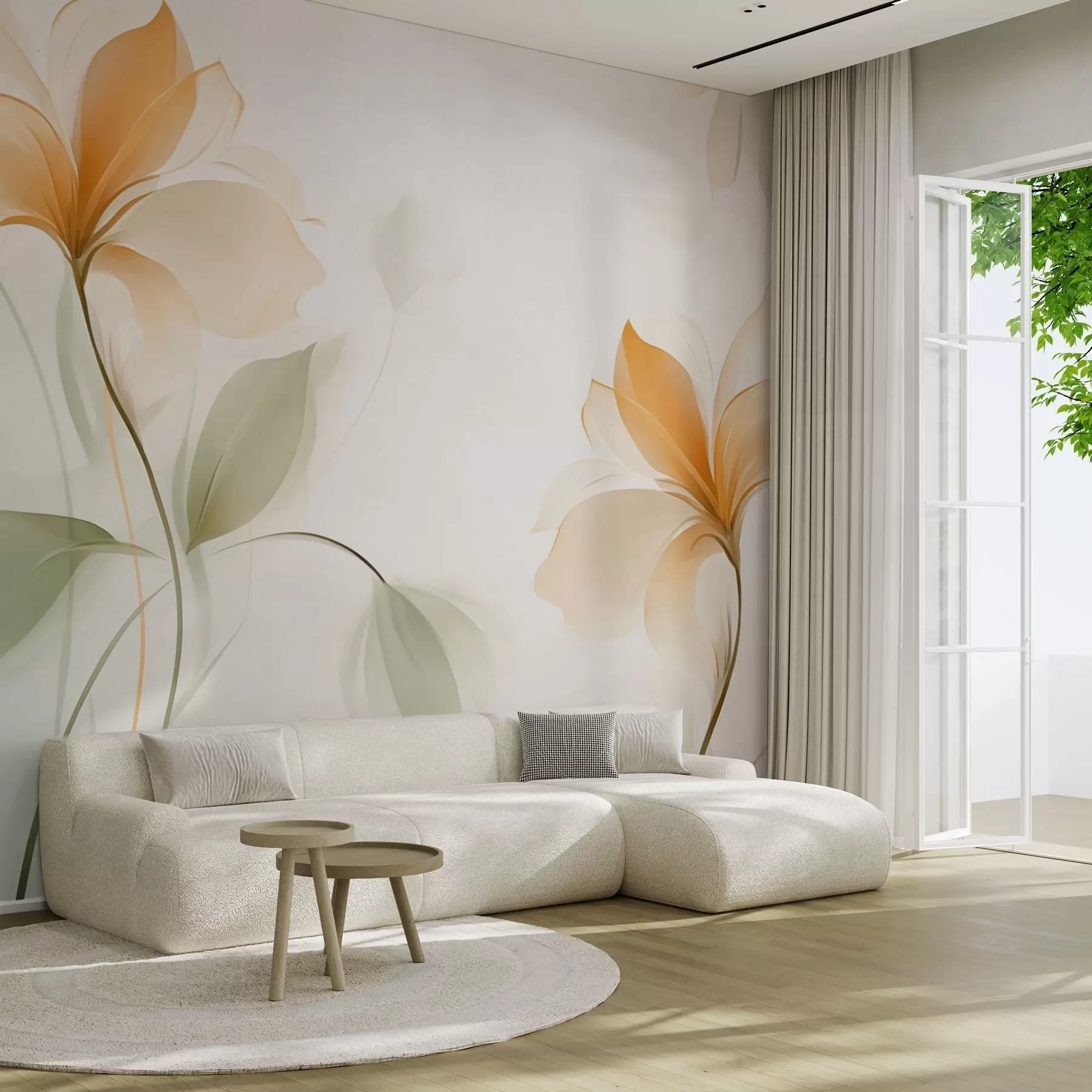 Carta da parati Floreale Fiori trasparenti con un ricco centro arancione n. w04397v1