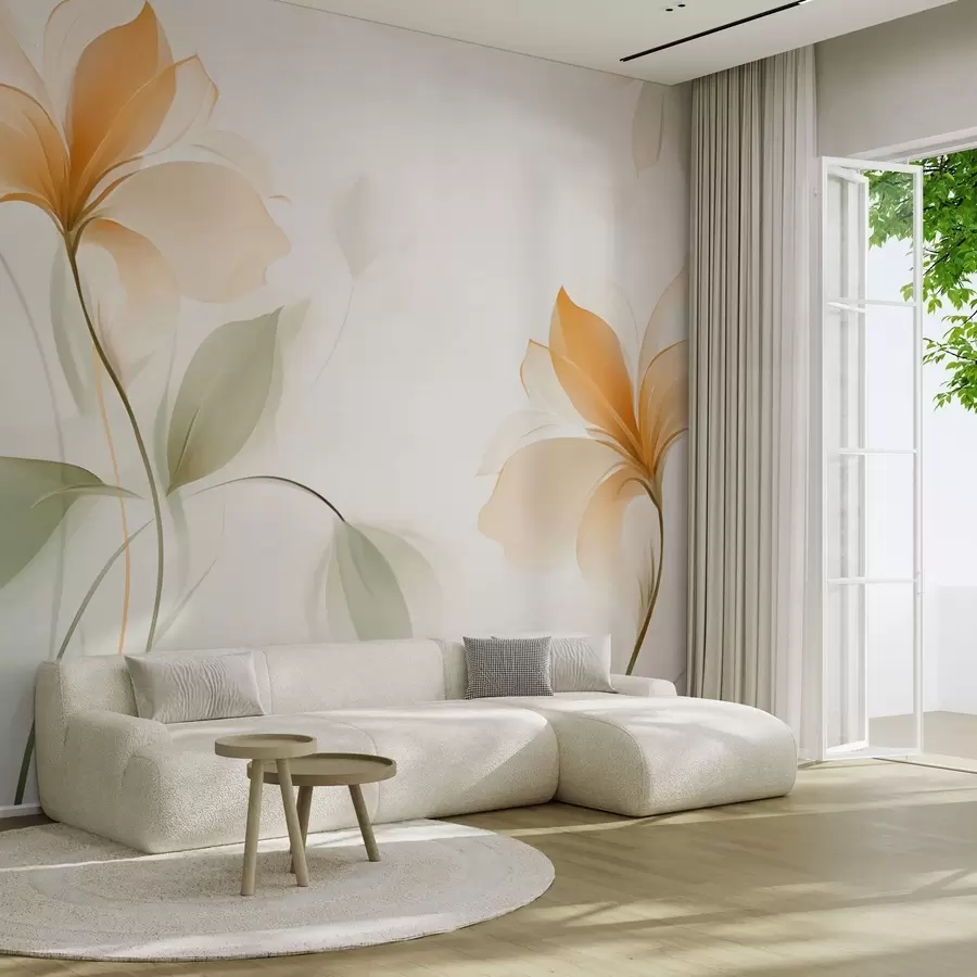 Carta da parati Floreale Fiori trasparenti con un ricco centro arancione n. w04397v1