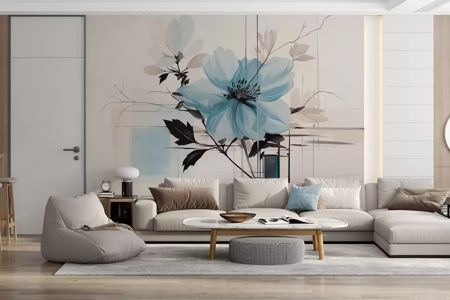 Carta da parati Floreale Fiore blu astratto con foglie e rami scuri, forme e linee geometriche minimaliste in colori tenui n. w09332