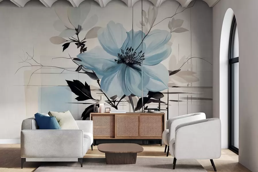 Carta da parati Floreale Fiore blu astratto con foglie e rami scuri, forme e linee geometriche minimaliste in colori tenui n. w09332