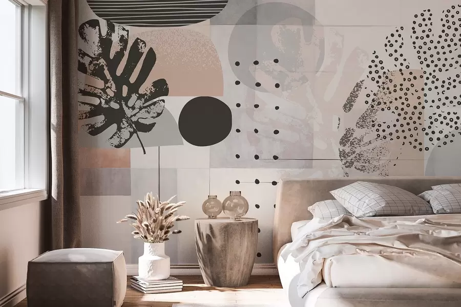 Carta da parati nature Stampa astratta con forme geometriche e foglie di monstera tropicale, cerchi, punti e linee, design moderno e minimalista 