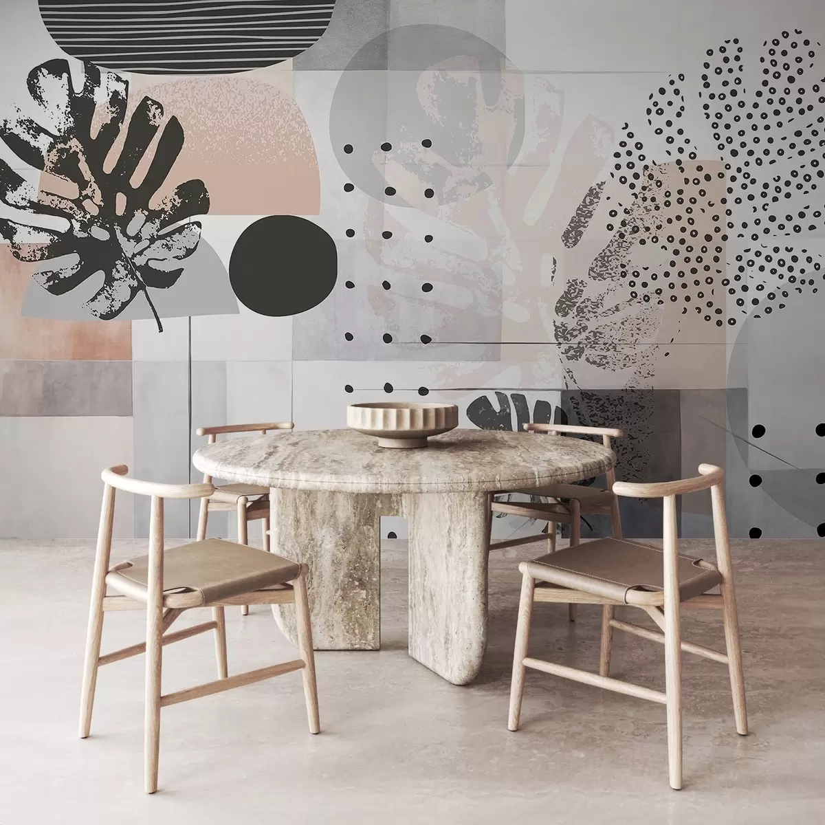 carta da parati Stampa astratta con forme geometriche e foglie di monstera tropicale, cerchi, punti e linee, design moderno e minimalista nr. w09333