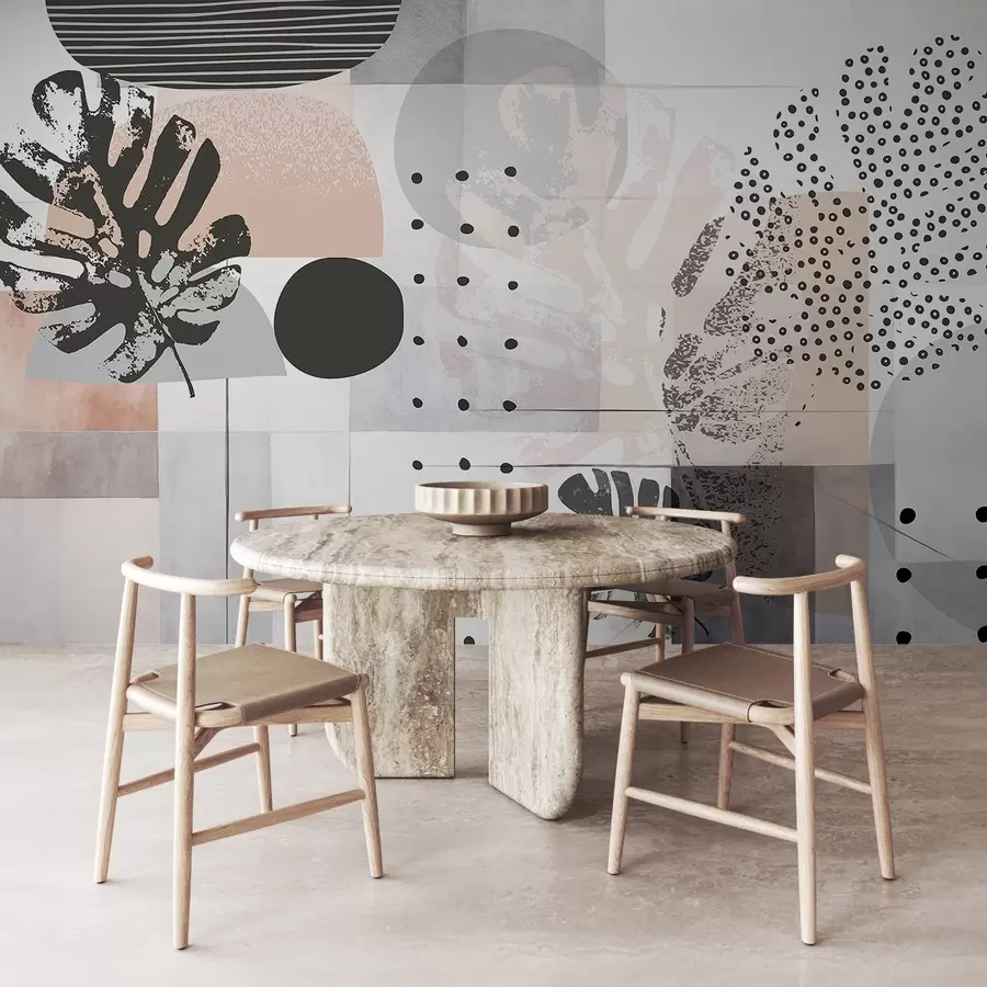Carta da parati nature Stampa astratta con forme geometriche e foglie di monstera tropicale, cerchi, punti e linee, design moderno e minimalista 
