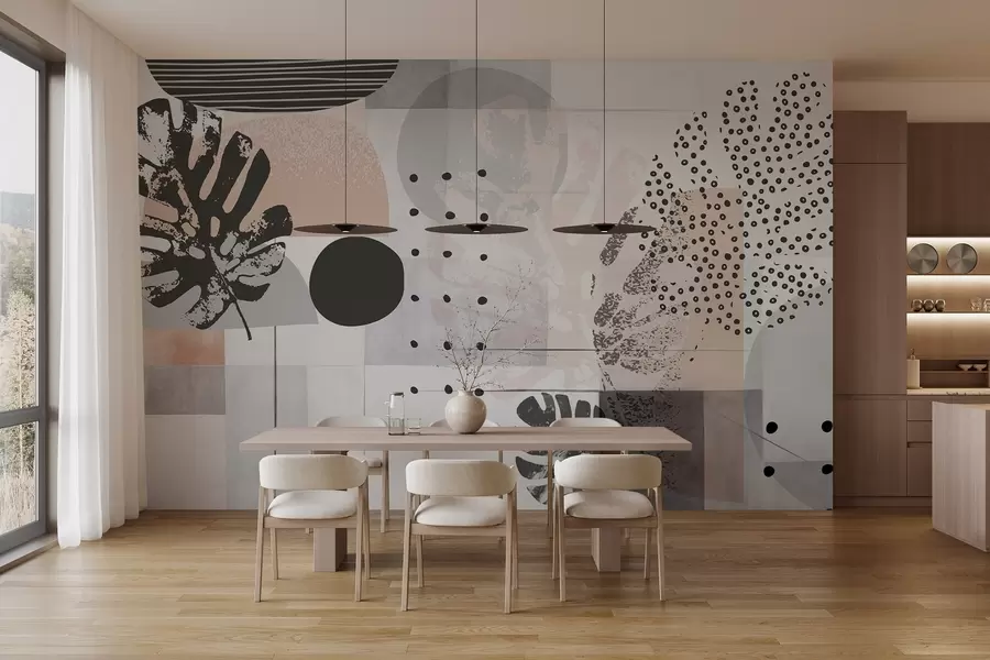 Carta da parati nature Stampa astratta con forme geometriche e foglie di monstera tropicale, cerchi, punti e linee, design moderno e minimalista 