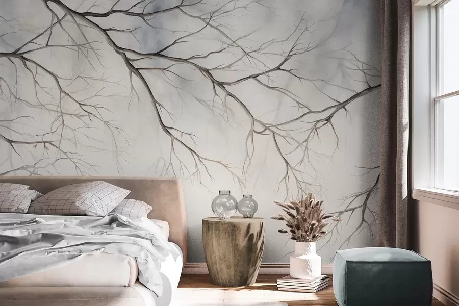 Carta da parati nature Rami di alberi con effetto acquerellato, dettagli intricati, tavolozza di colori tenui, su uno sfondo chiaro 