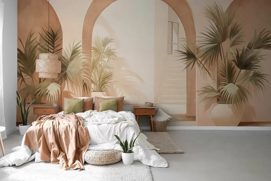 Carta da parati Tropici della Foresta Archi strutturati con piante in vaso, palette di colori beige chiaro, design minimalista, scala sullo sfondo n. w09339