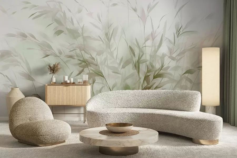 carta da parati Erba ed erbacce con foglie e steli sottili, colori verde chiaro e marrone, pennellate morbide e delicate, stampa minimalista nr. w09342