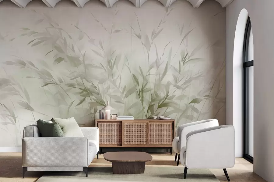 carta da parati Erba ed erbacce con foglie e steli sottili, colori verde chiaro e marrone, pennellate morbide e delicate, stampa minimalista nr. w09342