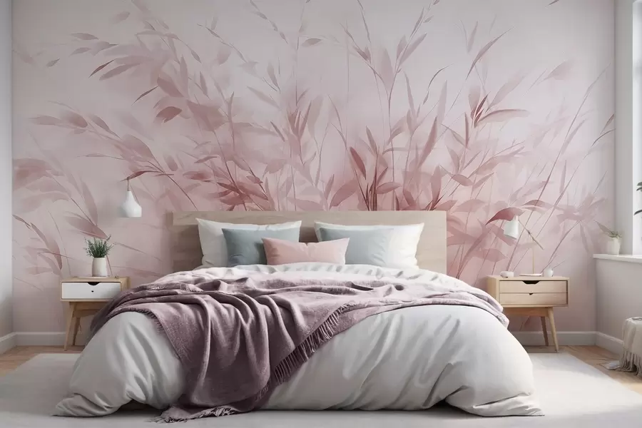 carta da parati Erba ed erbacce con foglie e steli sottili, colori rosa chiaro, pennellate morbide e delicate, stampa minimalista nr. w09342v2